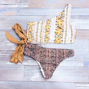 CAPITTANA Floral & Leopard Print Swimsuit | Beige One-Shoulder Swimsuit | Large*